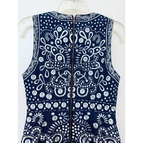 Alice + Olivia Rapunzel Mini Dress Embroidered Blue Denim Floral Dot Chambray 4 - Picture 10 of 15